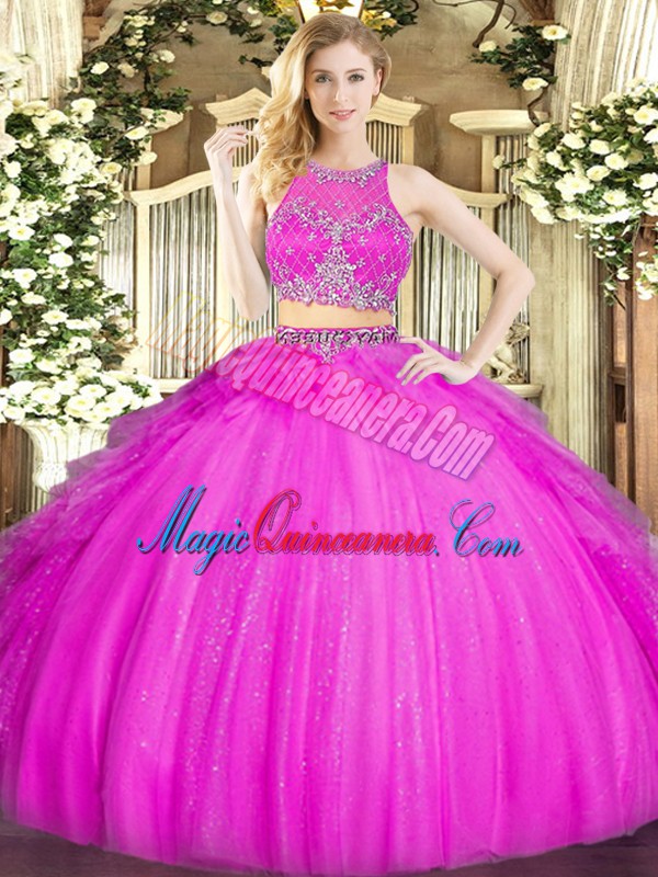 triumph Admirable Fuchsia Sleeveless Floor Length Beading and Ruffles Zipper 15th Birthday Dress