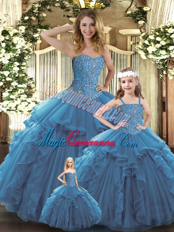 triumph Smart Teal Ball Gowns Sweetheart Sleeveless Organza Floor Length Lace Up Beading and Ruffles Vestidos de Quinceanera