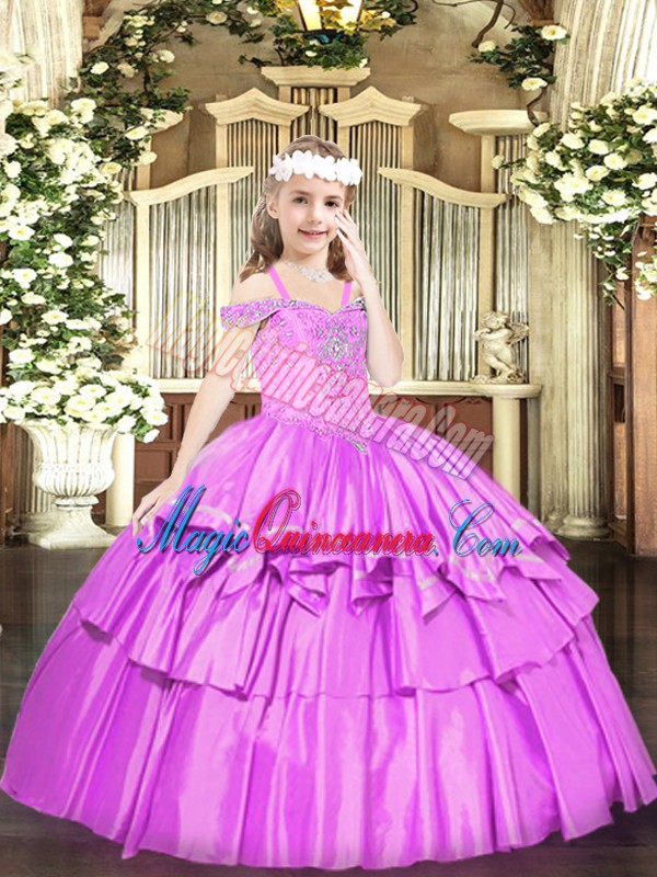 triumph Floor Length Lace Up Pageant Dress Toddler Lilac for Party and Quinceanera with Beading and Ruffled Layers