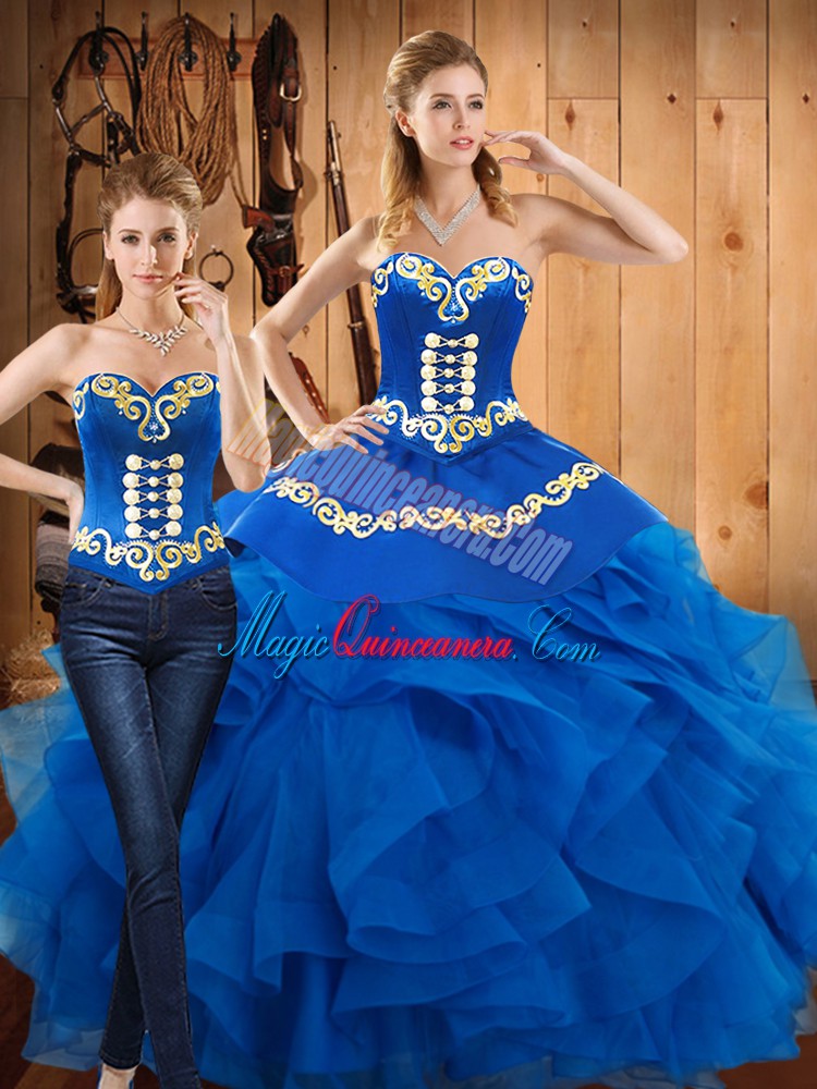 triumph Great Sweetheart Sleeveless Satin and Organza Quinceanera Gowns Embroidery and Ruffles Lace Up