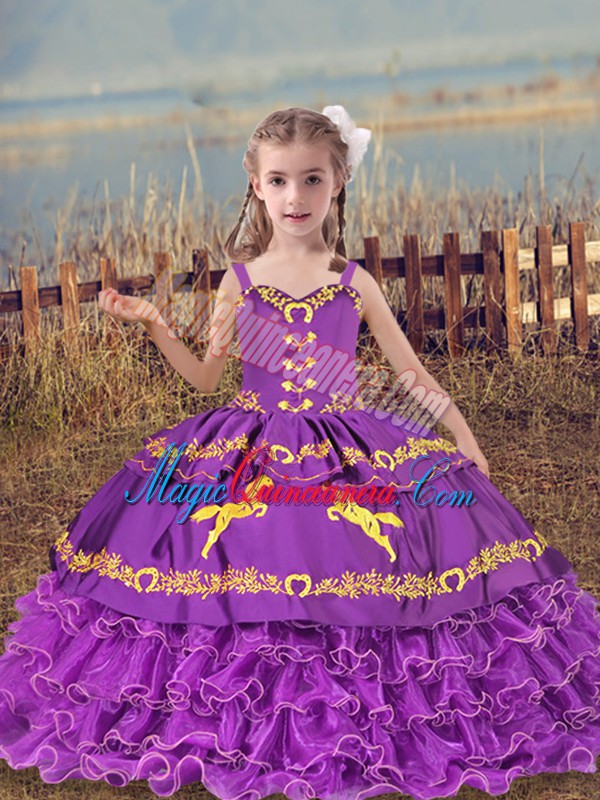 triumph Eggplant Purple Lace Up Little Girls Pageant Dress Wholesale Beading and Embroidery and Ruffled Layers Sleeveless Floor Length