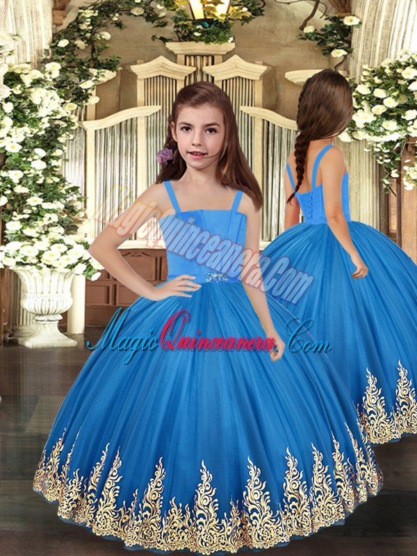 triumph Baby Blue Ball Gowns Embroidery Little Girl Pageant Dress Lace Up Tulle Sleeveless Floor Length