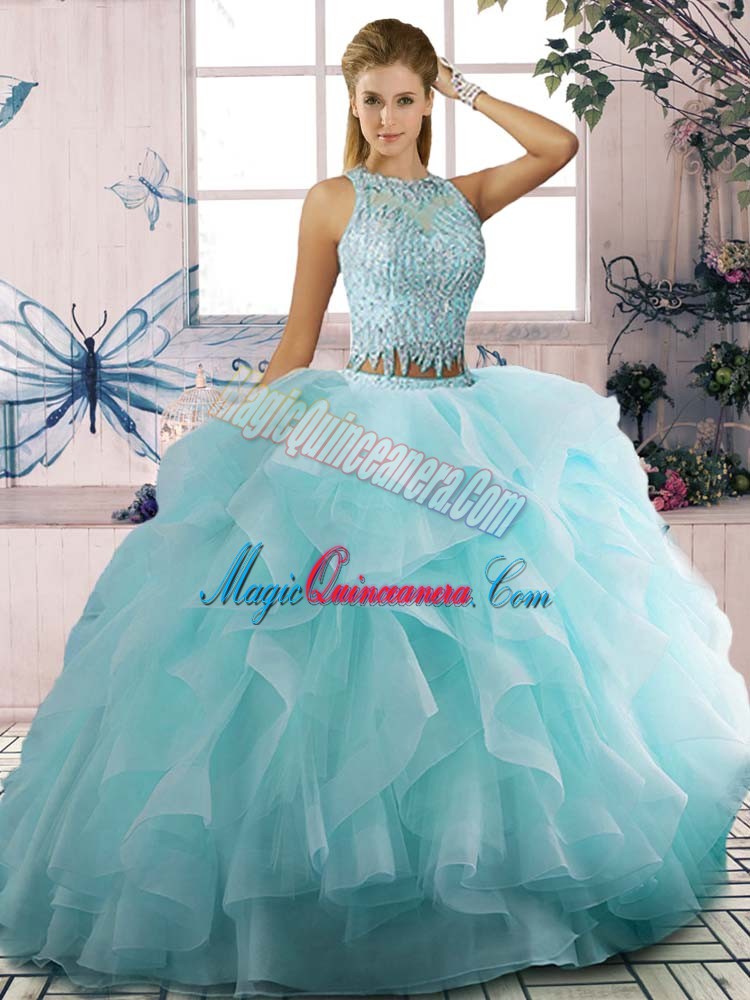 triumph Dazzling Aqua Blue Scoop Neckline Beading and Ruffles Quinceanera Gowns Sleeveless Zipper