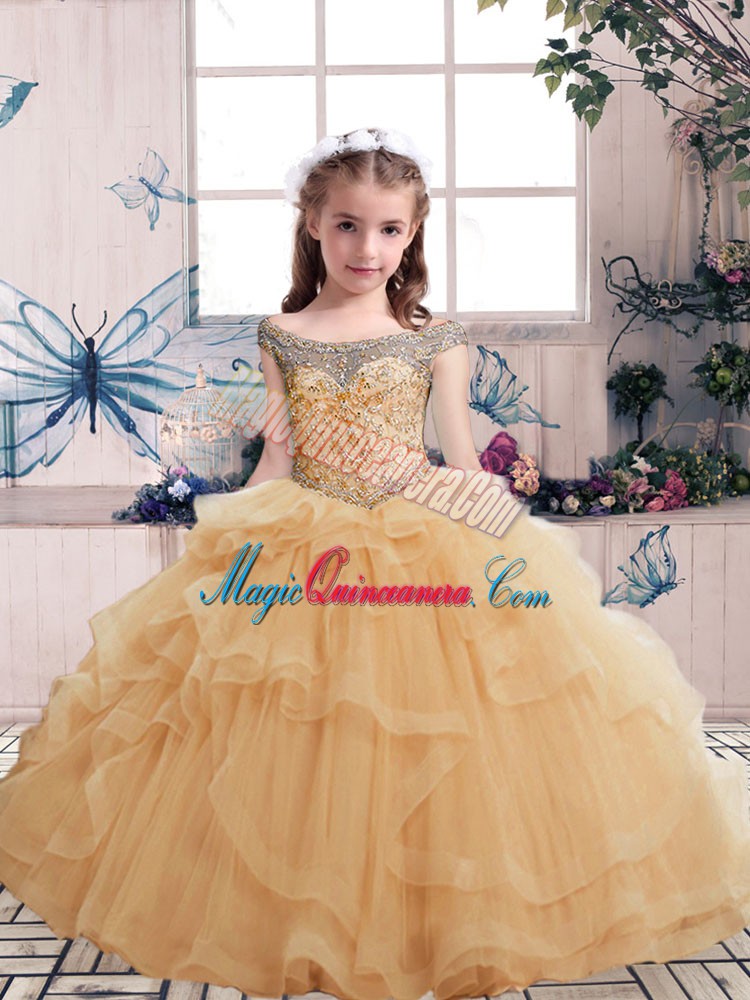 triumph Champagne Ball Gowns Beading and Ruffles Pageant Dress Lace Up Tulle Sleeveless Floor Length