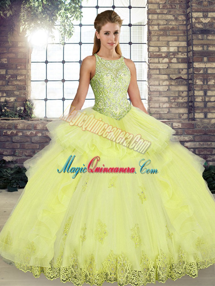 triumph Delicate Yellow Scoop Neckline Lace and Embroidery and Ruffles 15 Quinceanera Dress Sleeveless Lace Up