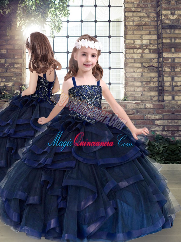 triumph High End Ball Gowns Little Girls Pageant Gowns Navy Blue Straps Tulle Sleeveless Floor Length Lace Up