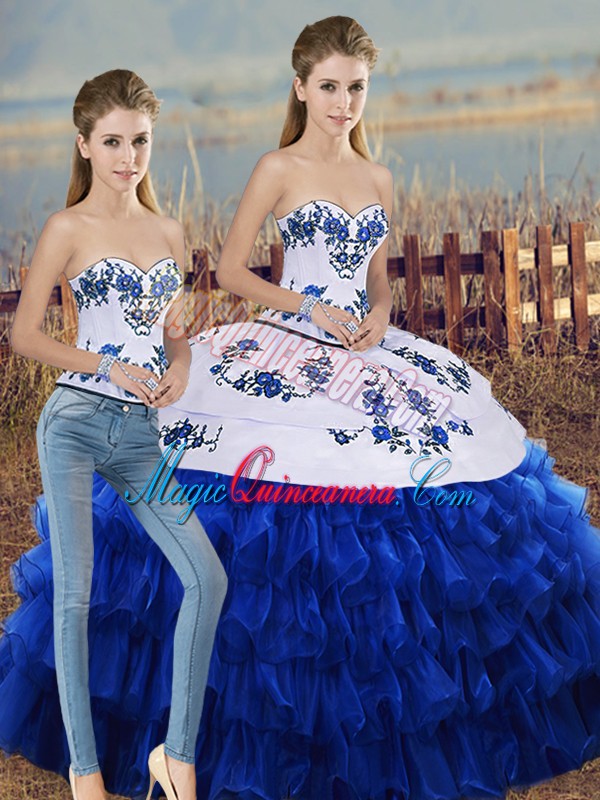 triumph Organza Sweetheart Sleeveless Lace Up Embroidery and Ruffled Layers and Bowknot Quinceanera Dresses in Royal Blue