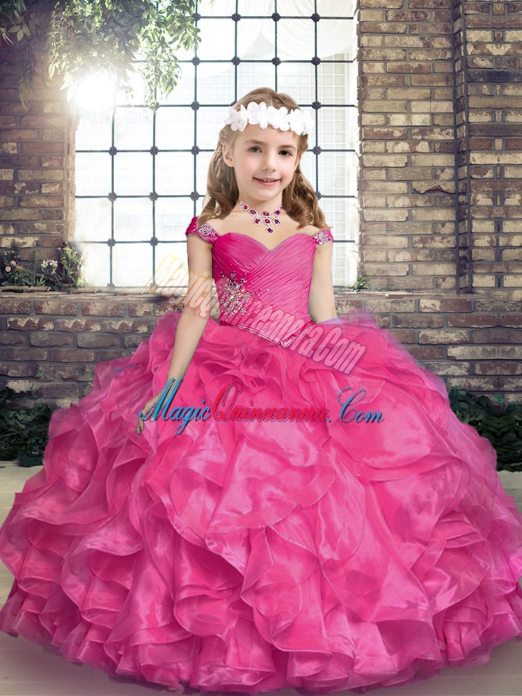 triumph Stunning Sleeveless Floor Length Beading and Ruffles Lace Up Little Girl Pageant Dress with Hot Pink