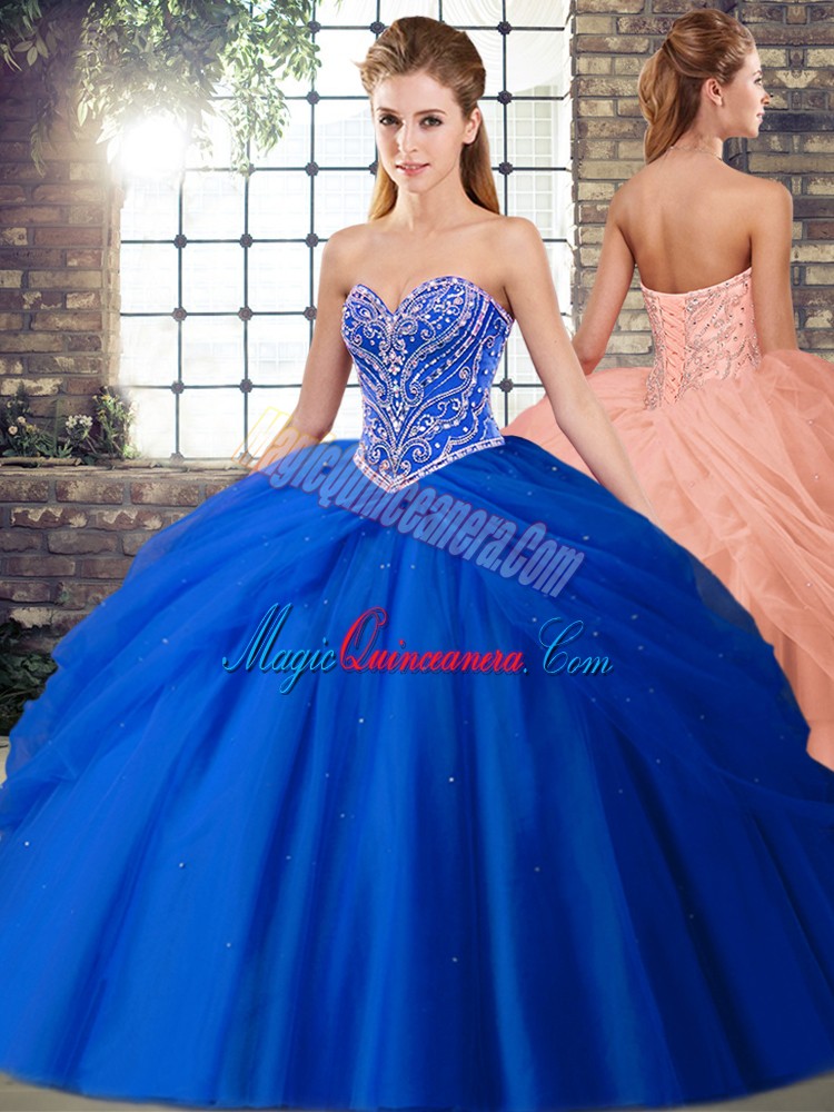 triumph Low Price Royal Blue Ball Gowns Sweetheart Sleeveless Tulle Brush Train Lace Up Beading and Pick Ups Quinceanera Gown