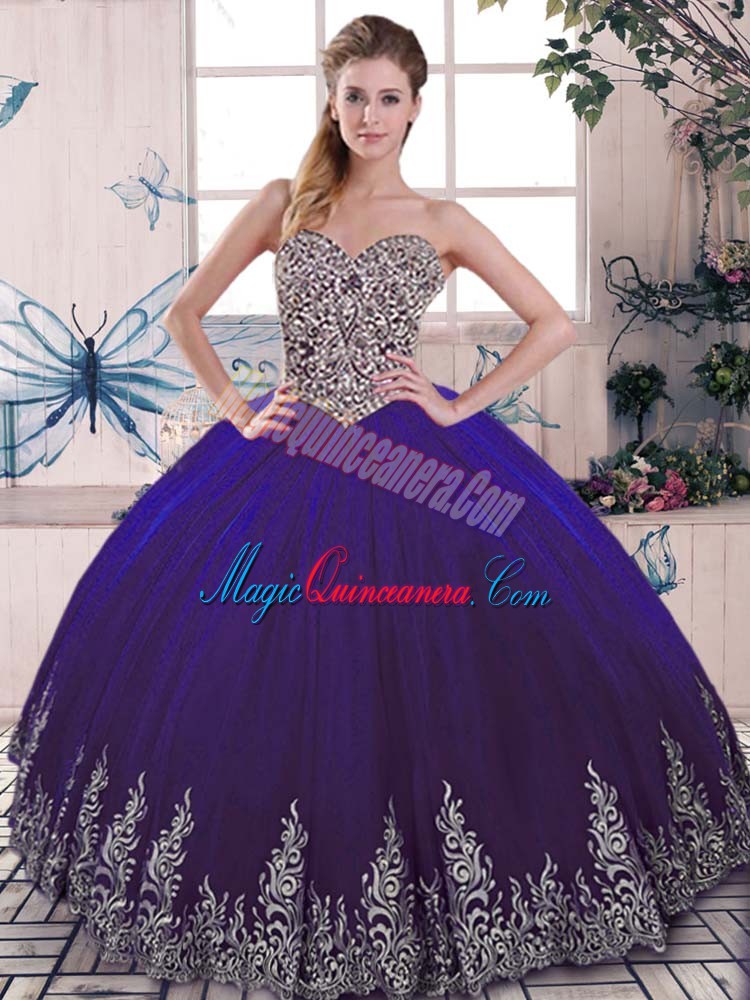 triumph Custom Design Purple Sweetheart Lace Up Beading and Embroidery Vestidos de Quinceanera Sleeveless