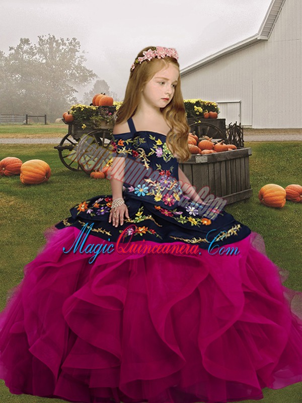 triumph Cute Tulle Straps Sleeveless Lace Up Embroidery and Ruffles Child Pageant Dress in Fuchsia
