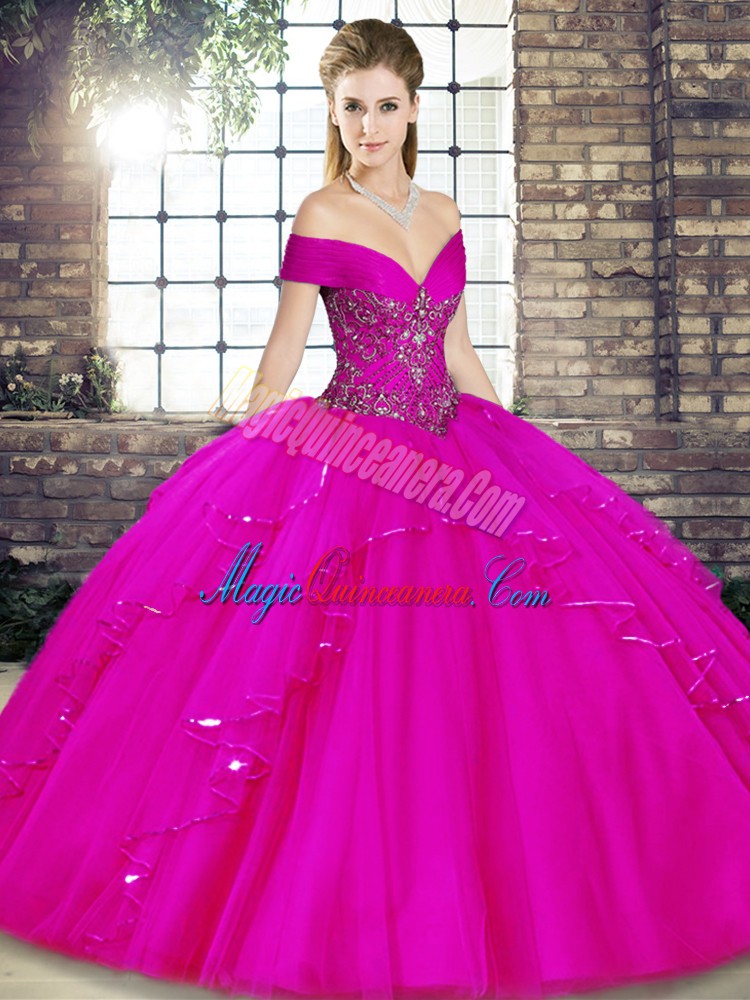 triumph Tulle Off The Shoulder Sleeveless Lace Up Beading and Ruffles Quinceanera Dress in Fuchsia