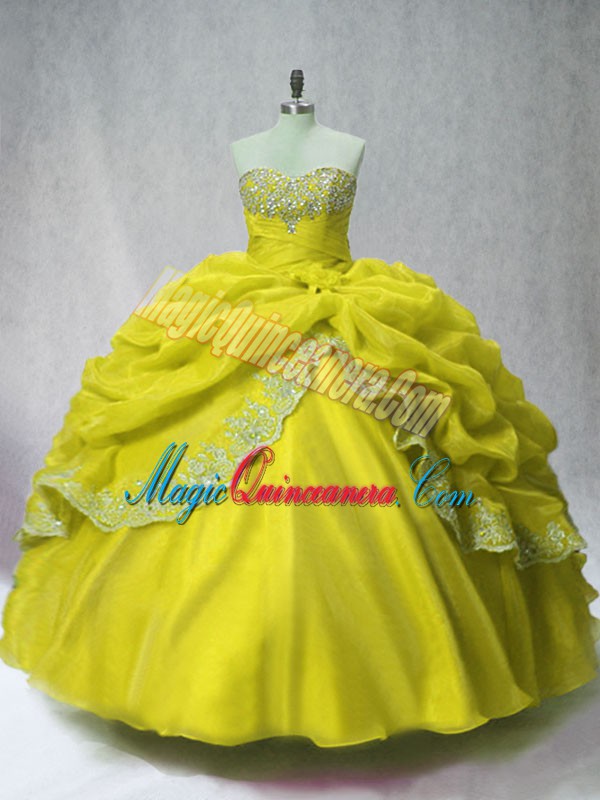 triumph Simple Olive Green Lace Up Sweetheart Beading and Appliques and Pick Ups 15 Quinceanera Dress Organza Sleeveless