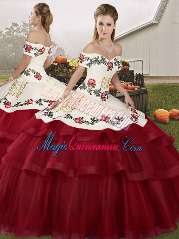 triumph Lovely Wine Red Off The Shoulder Lace Up Embroidery and Ruffled Layers Sweet 16 Quinceanera Dress Brush Train Sleeveless