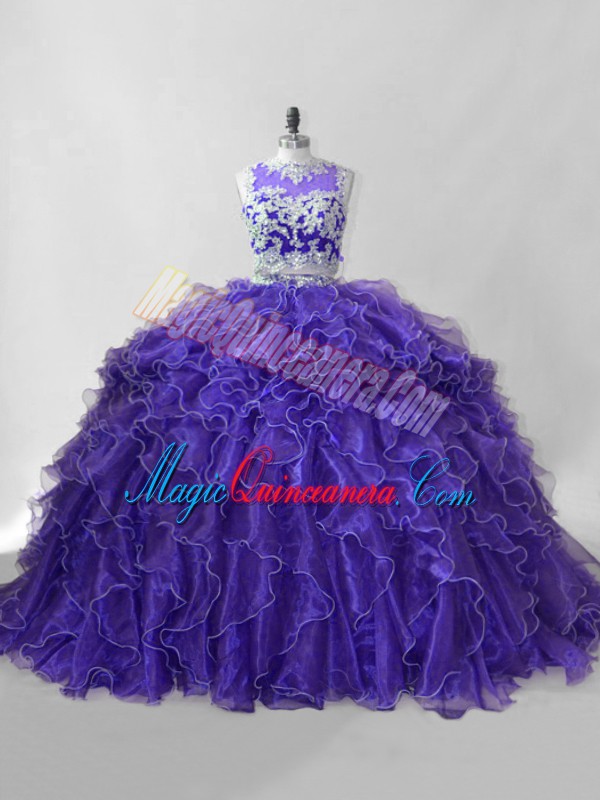 triumph Purple Vestidos de Quinceanera Sweet 16 and Quinceanera with Beading and Ruffles Scoop Sleeveless Brush Train Zipper