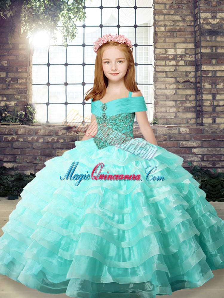 triumph Graceful Apple Green Organza Lace Up Straps Sleeveless Little Girl Pageant Gowns Brush Train Ruffled Layers