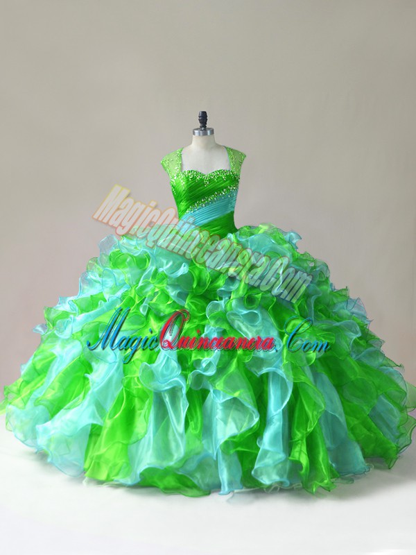 triumph Multi-color Zipper Straps Beading and Ruffles Ball Gown Prom Dress Organza Sleeveless