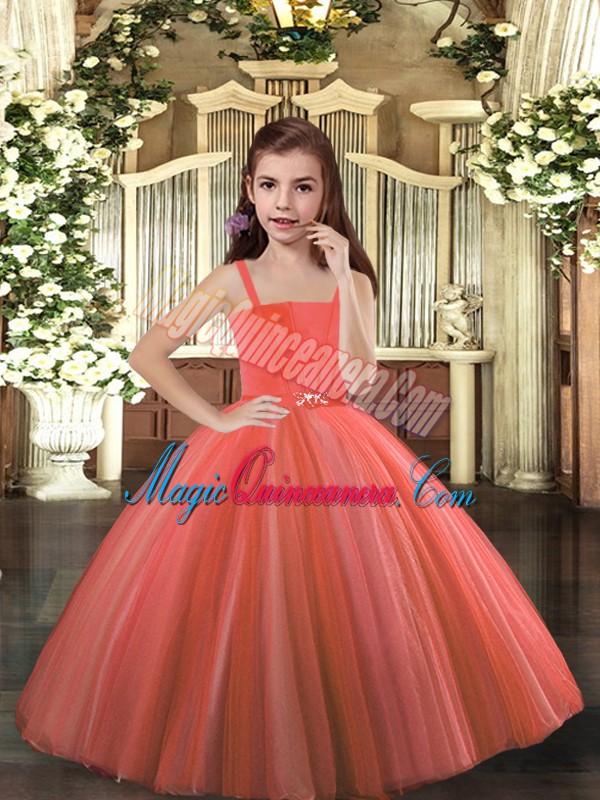 triumph Pretty Rust Red Tulle Lace Up Straps Sleeveless Floor Length Little Girls Pageant Gowns Beading
