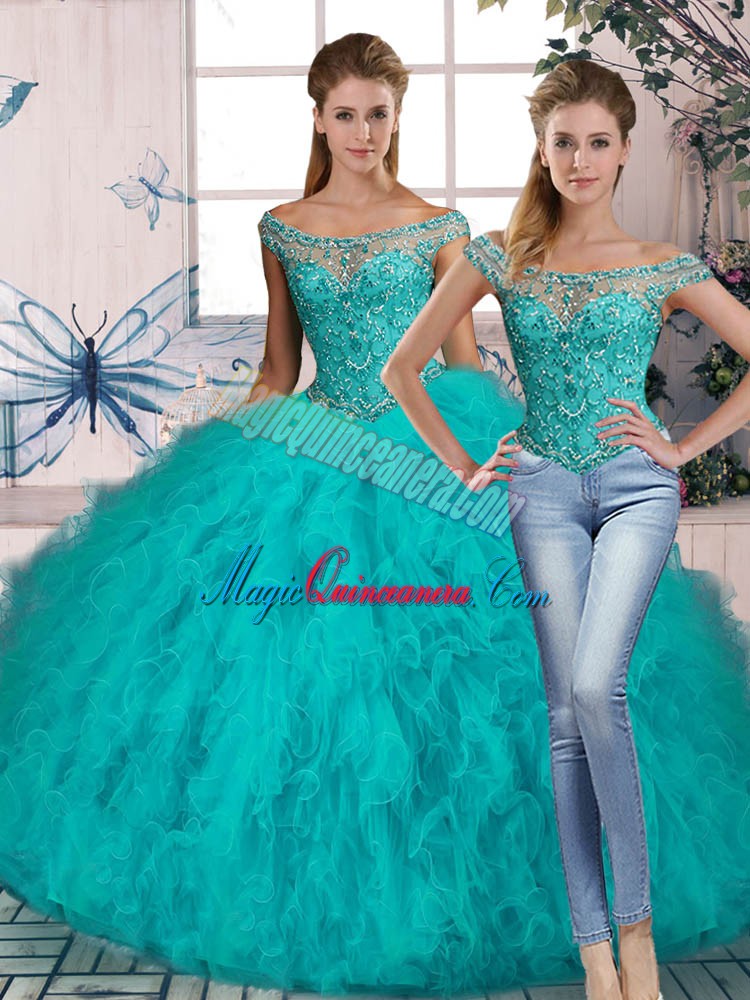 triumph Off The Shoulder Sleeveless Tulle Sweet 16 Dress Beading and Ruffles Brush Train Lace Up