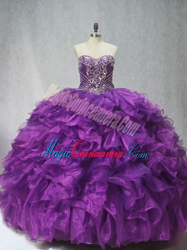 triumph Wonderful Lace Up Quinceanera Dress Purple for Sweet 16 and Quinceanera with Beading and Ruffles Brush Train