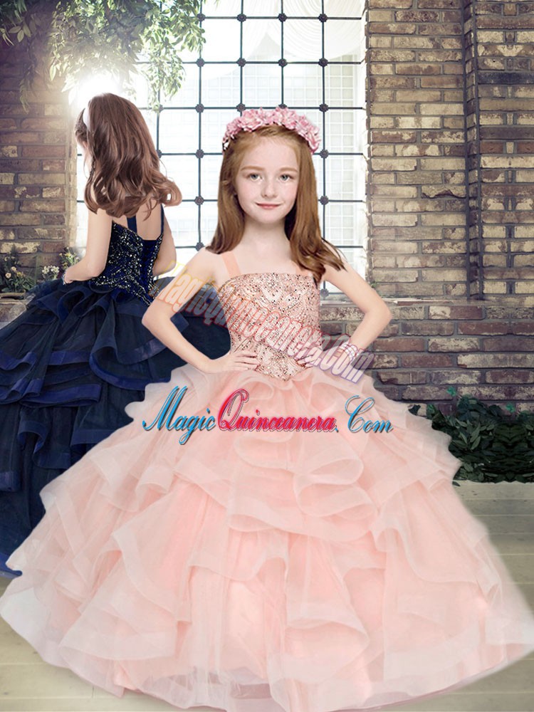 triumph Sleeveless Tulle Floor Length Lace Up Kids Formal Wear in Peach with Beading and Ruffles