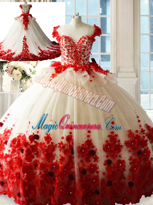 triumph Clearance Tulle Scoop Sleeveless Brush Train Zipper Hand Made Flower 15th Birthday Dress in White And Red