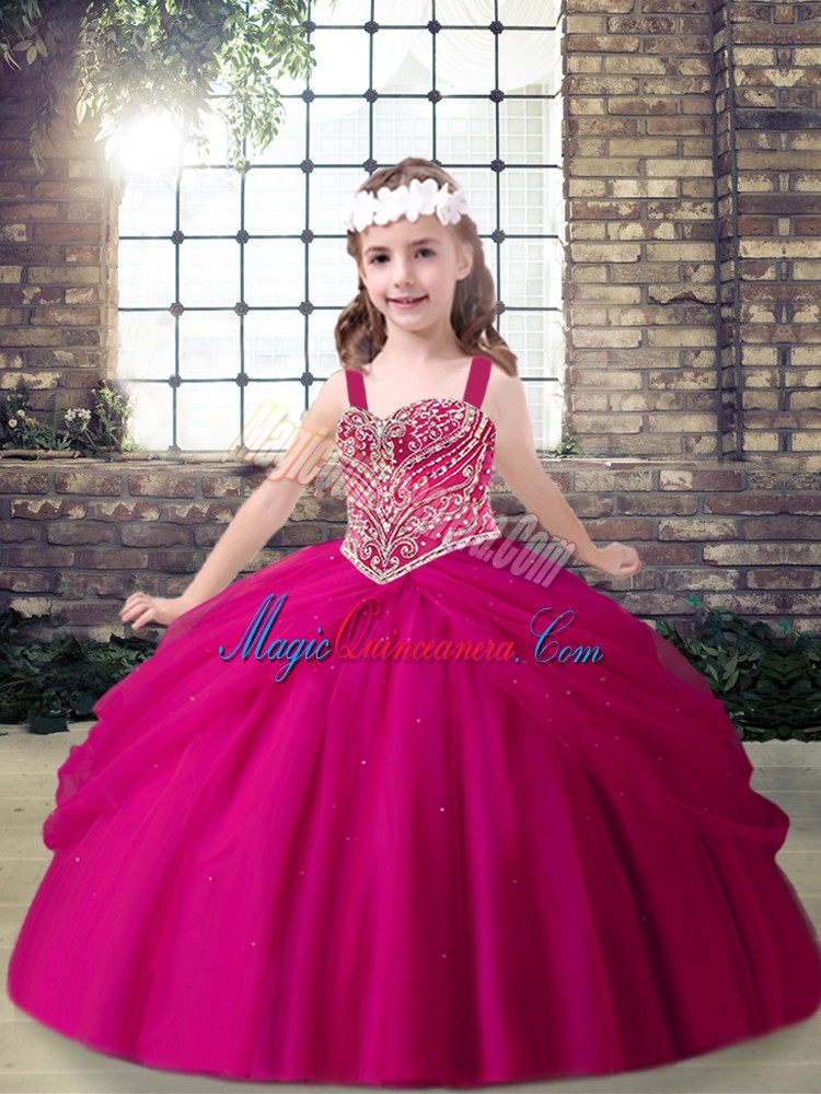triumph Discount Fuchsia Ball Gowns Straps Sleeveless Tulle Floor Length Lace Up Beading Little Girl Pageant Gowns