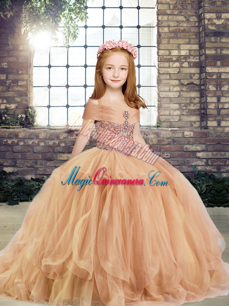 triumph Pretty Ball Gowns Child Pageant Dress Champagne Straps Tulle Sleeveless Floor Length Lace Up