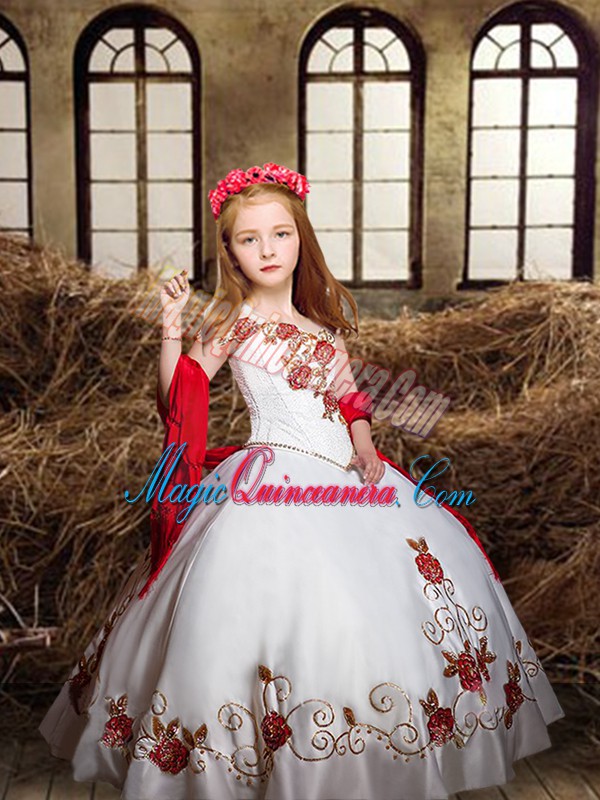 triumph Low Price White Ball Gowns Satin Off The Shoulder Sleeveless Embroidery Floor Length Lace Up Girls Pageant Dresses