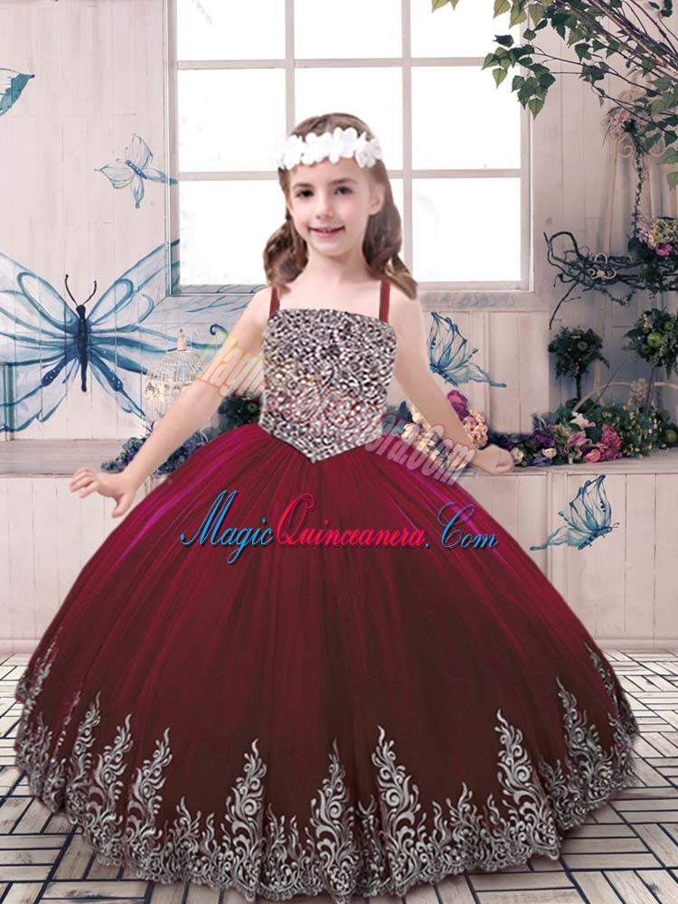  Burgundy Lace Up Straps Beading and Embroidery Little Girl Pageant Dress Tulle Sleeveless