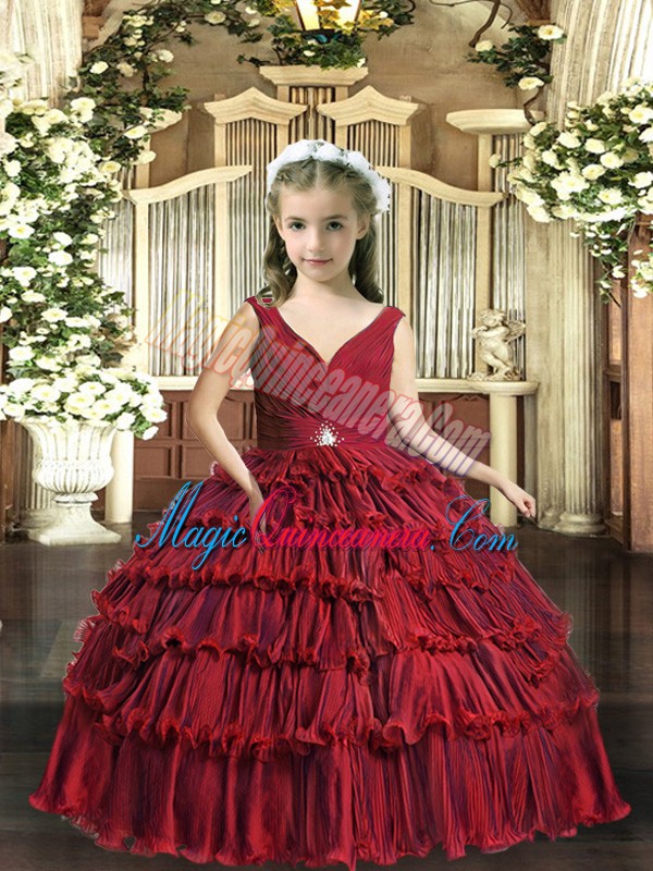 triumph Fashionable Red Ball Gowns V-neck Sleeveless Floor Length Backless Beading and Ruffled Layers Little Girls Pageant Dress Wholesale