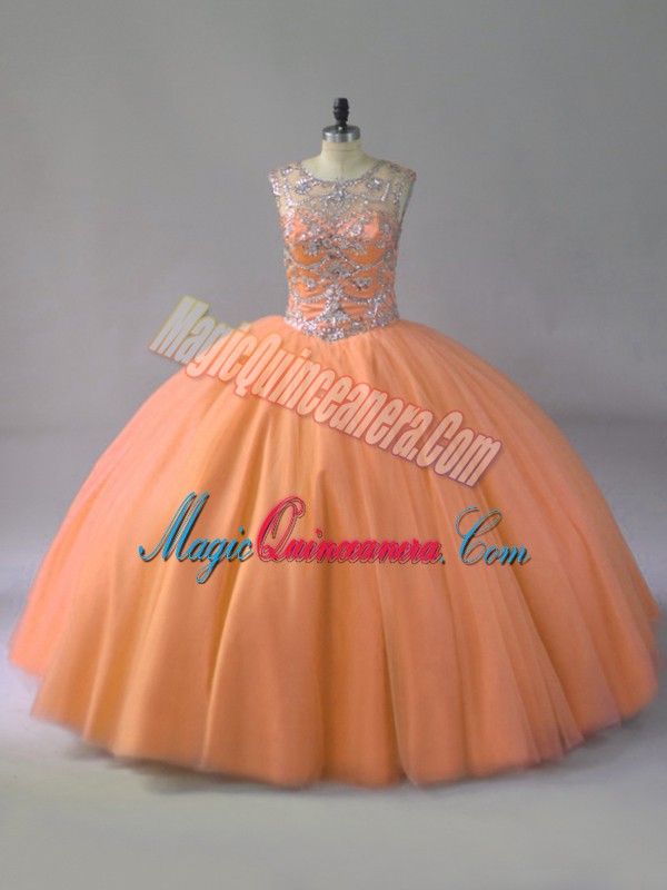 triumph Orange Ball Gowns Scoop Sleeveless Tulle Floor Length Lace Up Beading Ball Gown Prom Dress