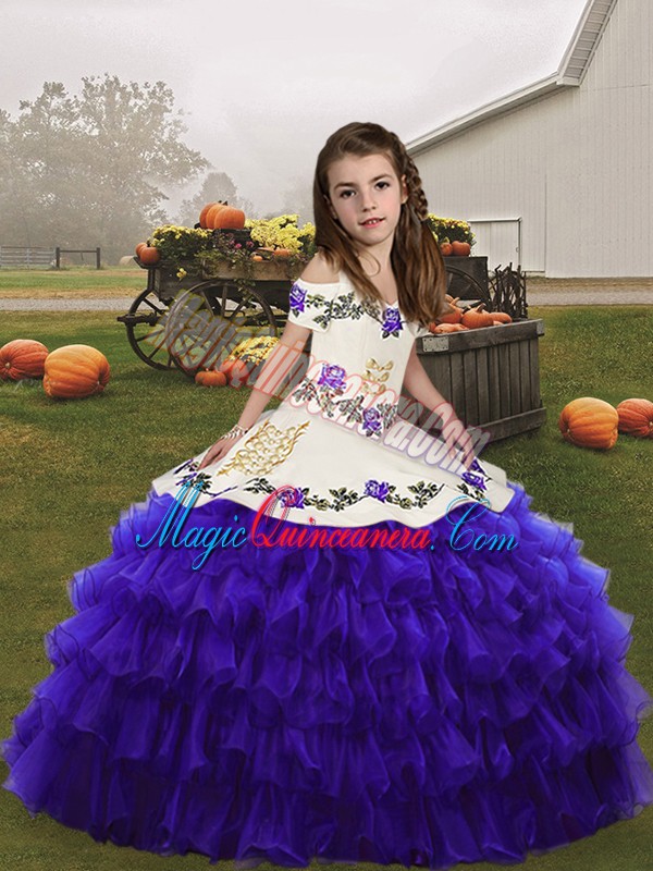 triumph Most Popular Straps Sleeveless Pageant Dress Wholesale Floor Length Embroidery and Ruffled Layers Purple Organza
