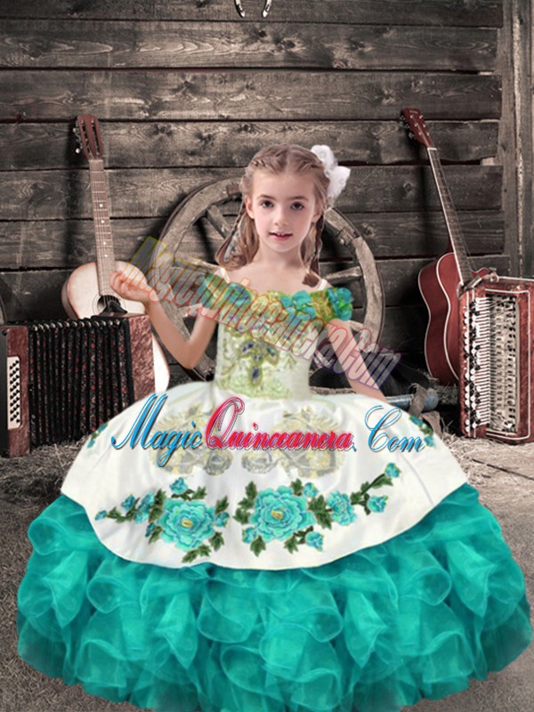 triumph Turquoise Little Girl Pageant Dress Wedding Party with Beading and Embroidery and Ruffles Off The Shoulder Sleeveless Lace Up