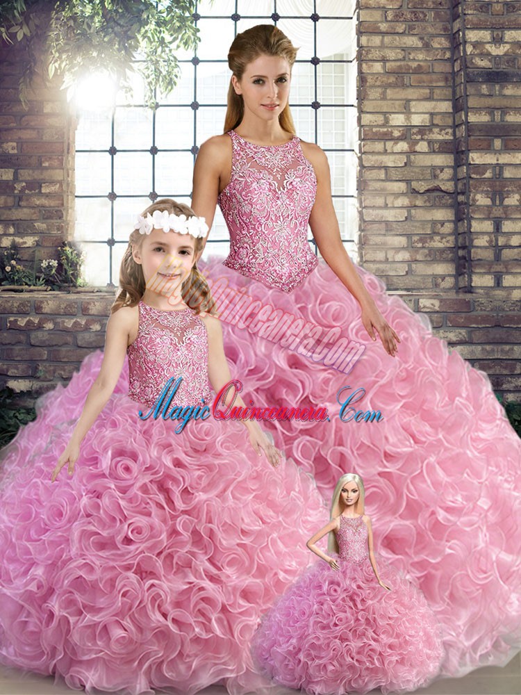 triumph Custom Fit Rose Pink Sleeveless Fabric With Rolling Flowers Lace Up Quinceanera Dress for Military Ball and Sweet 16 and Quinceanera
