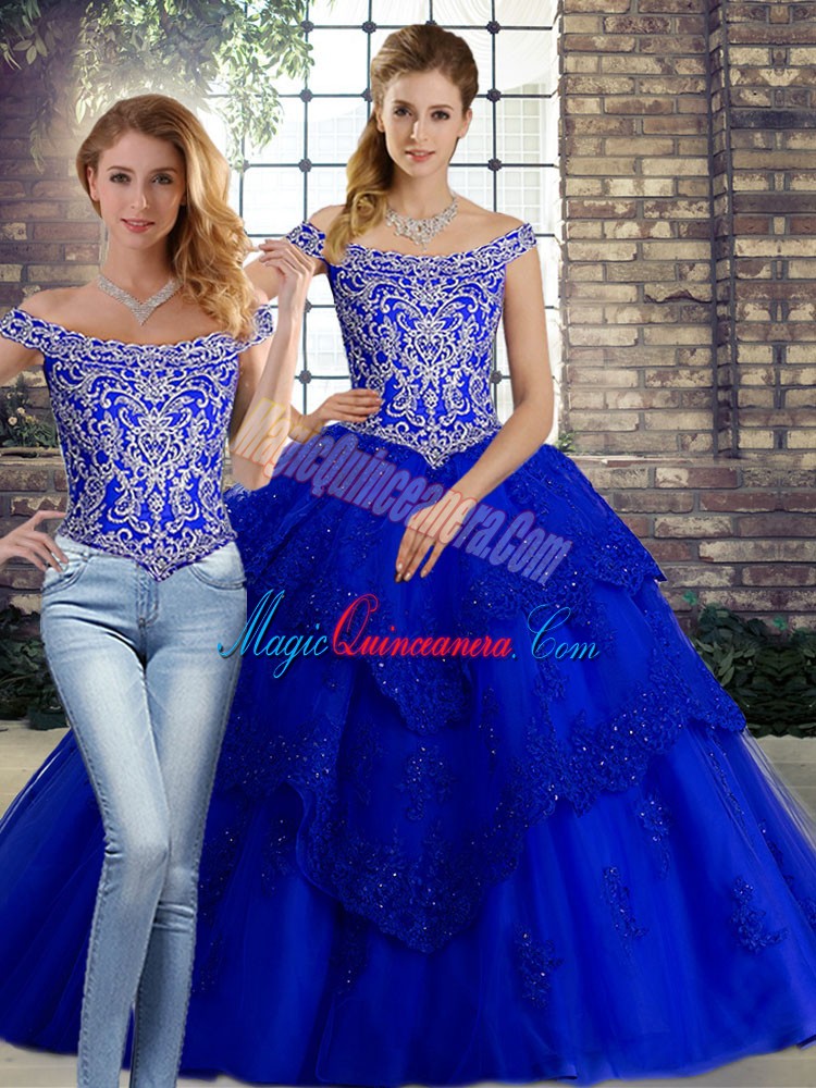 triumph Fine Royal Blue Two Pieces Tulle Off The Shoulder Sleeveless Beading and Lace Lace Up Sweet 16 Quinceanera Dress Brush Train