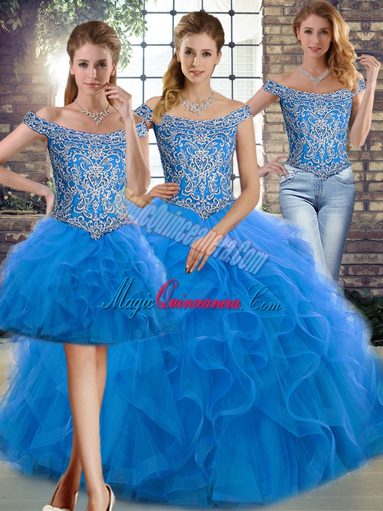 triumph Gorgeous Blue Quinceanera Dress Military Ball and Sweet 16 and Quinceanera with Beading and Ruffles Off The Shoulder Sleeveless Brush Train Lace Up