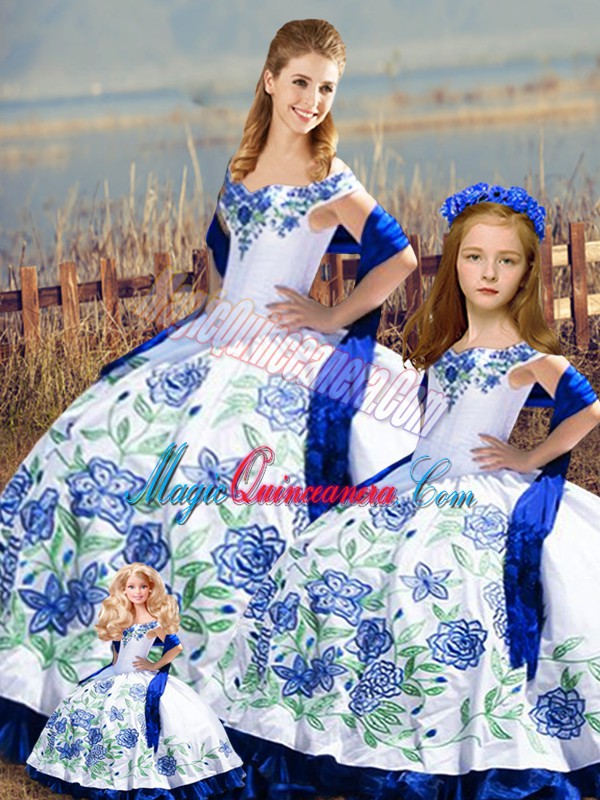 triumph Custom Design Sleeveless Floor Length Embroidery and Ruffles Lace Up 15th Birthday Dress with Blue And White