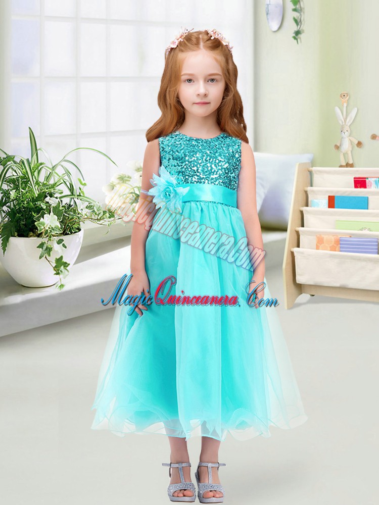 triumph Custom Designed Tea Length Empire Sleeveless Aqua Blue Pageant Gowns For Girls Zipper