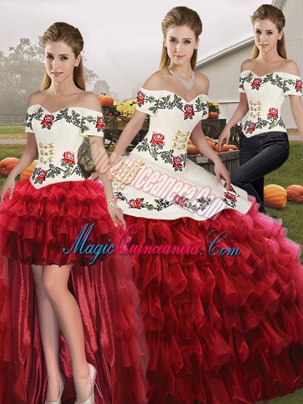 triumph Sleeveless Floor Length Embroidery and Ruffled Layers Lace Up Quinceanera Gowns with Wine Red