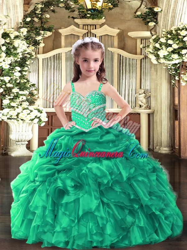 triumph Super Straps Sleeveless Little Girl Pageant Gowns Floor Length Beading and Ruffles Green Organza