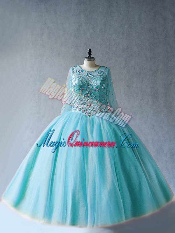 triumph Aqua Blue 15 Quinceanera Dress Sweet 16 and Quinceanera with Beading Scoop Long Sleeves Lace Up