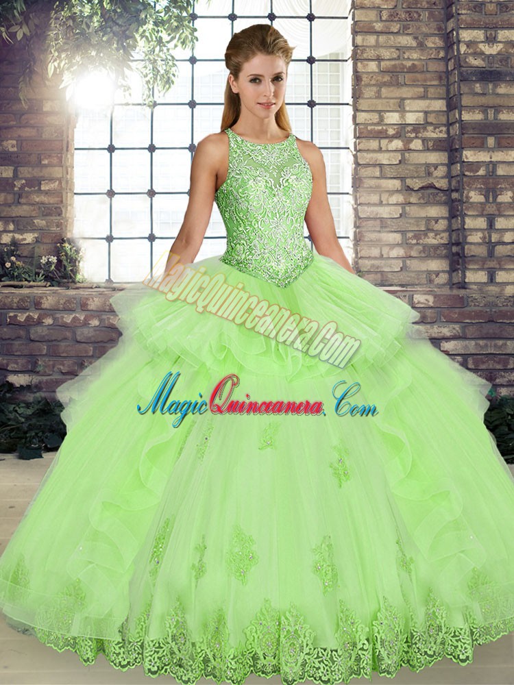 triumph Yellow Green Tulle Lace Up Scoop Sleeveless Floor Length 15th Birthday Dress Lace and Embroidery and Ruffles