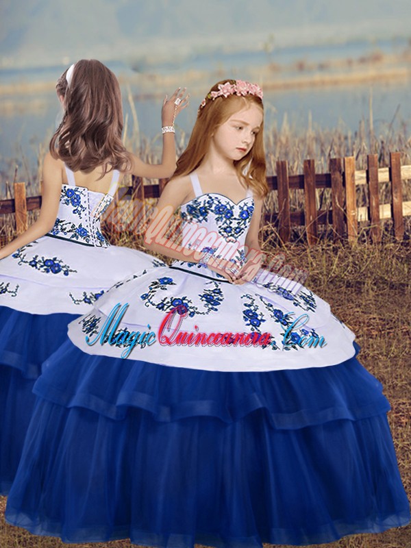 triumph Fashion Blue Ball Gowns Tulle Straps Sleeveless Embroidery Floor Length Lace Up Girls Pageant Dresses