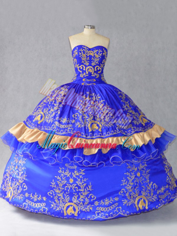 triumph Sleeveless Floor Length Embroidery and Bowknot Lace Up Ball Gown Prom Dress with Royal Blue