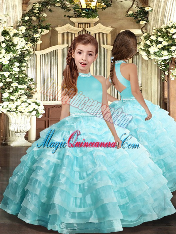 triumph Ball Gowns Little Girls Pageant Dress Wholesale Aqua Blue Halter Top Organza Sleeveless Floor Length Backless