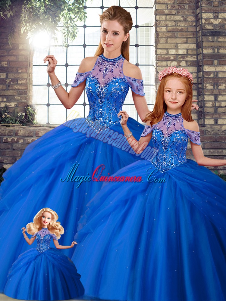 triumph Cute Halter Top Sleeveless Tulle Ball Gown Prom Dress Beading and Pick Ups Brush Train Lace Up