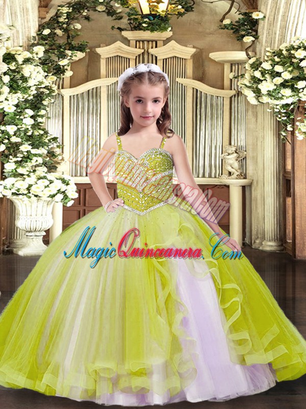 triumph Ball Gowns Little Girls Pageant Dress Yellow Green Straps Tulle Sleeveless Floor Length Lace Up