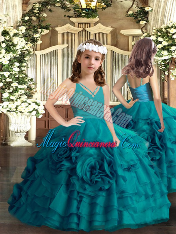 triumph Admirable Teal Sleeveless Floor Length Ruffled Layers and Hand Made Flower Zipper Pageant Gowns For Girls