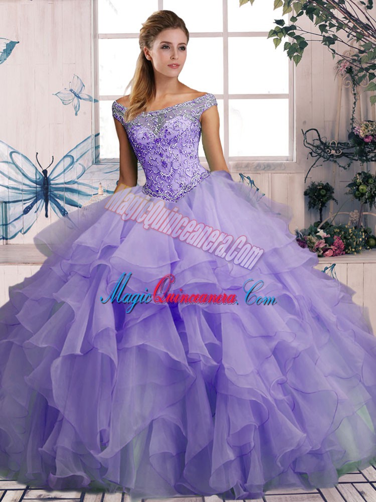 triumph Clearance Lavender Sleeveless Organza Lace Up Quinceanera Dresses for Military Ball and Sweet 16 and Quinceanera